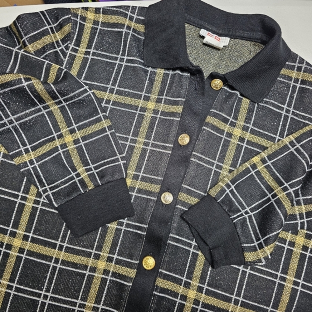 Vintage ECCOBAY Women's Cardigan Sweater Size M Black Gold Silver Metallic Plaid